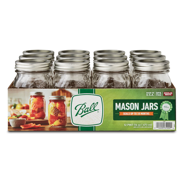 Glass Mason Jar With Lid & Band, Regular Mouth, 16 oz, 12 Count