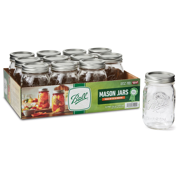 Glass Mason Jar With Lid & Band, Regular Mouth, 16 oz, 12 Count